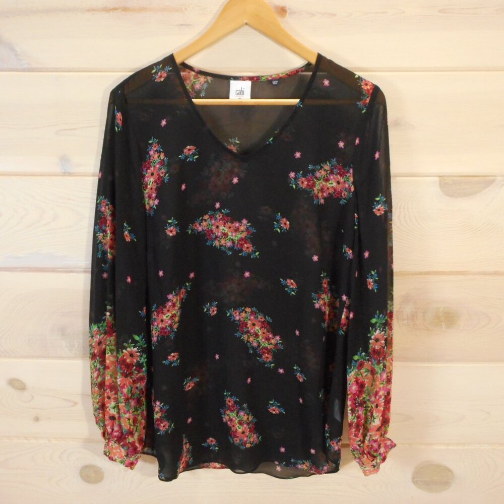 Cabi Women's size M Blooming Blouse Black Sheer Chiffon Floral Print Top #3594